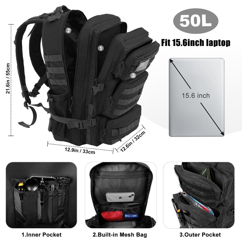 kookoomia 50L Military Tactical Backpack Large Day Backpack for Men Molle Army 3 Days Assault Pack Bug Out Bag Water Resistant and Heavy Duty Hiking Treeking Rucksack - Black