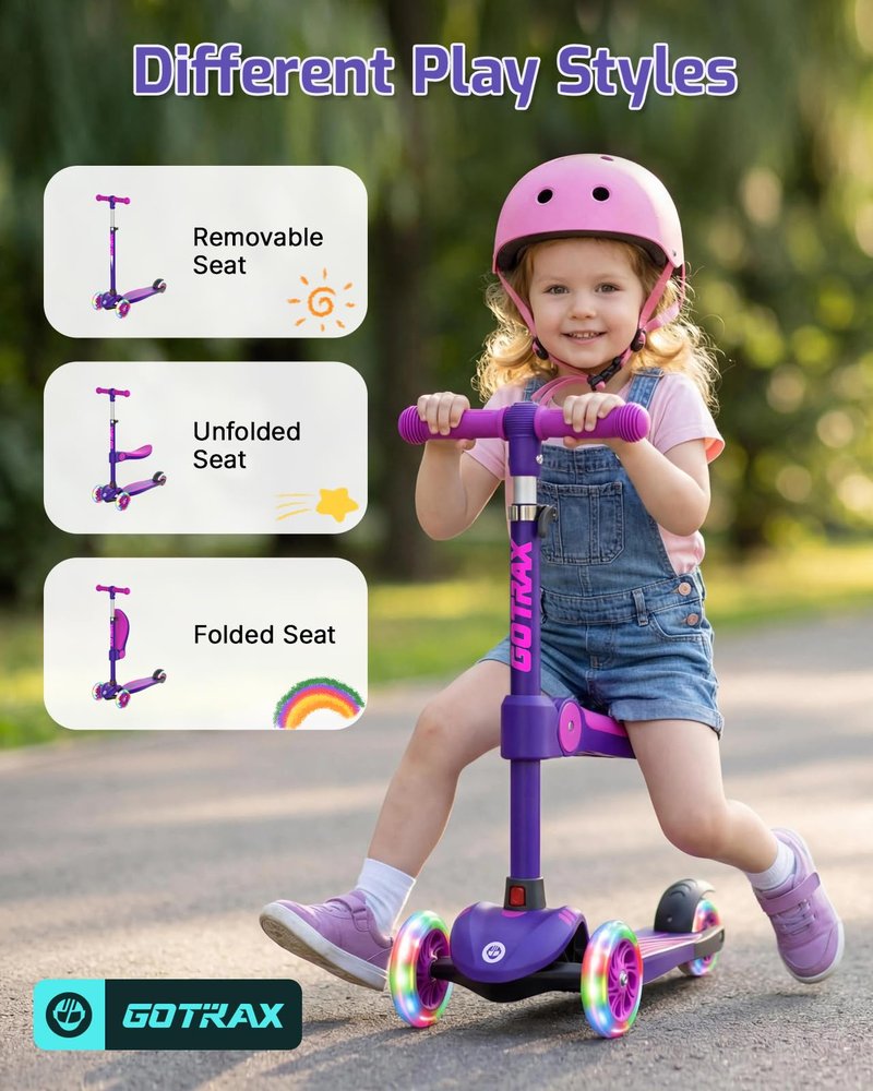 Gotrax KS3 Kids Kick Scooter, LED Lighted Wheels, Adjustable Height Handlebars and Removable Seat, Lean-to-Steer & Widen Anti-Slip Deck, 3 Wheel Scooter for kids Ages 2-8 and up to 100 Lbs (Purple)