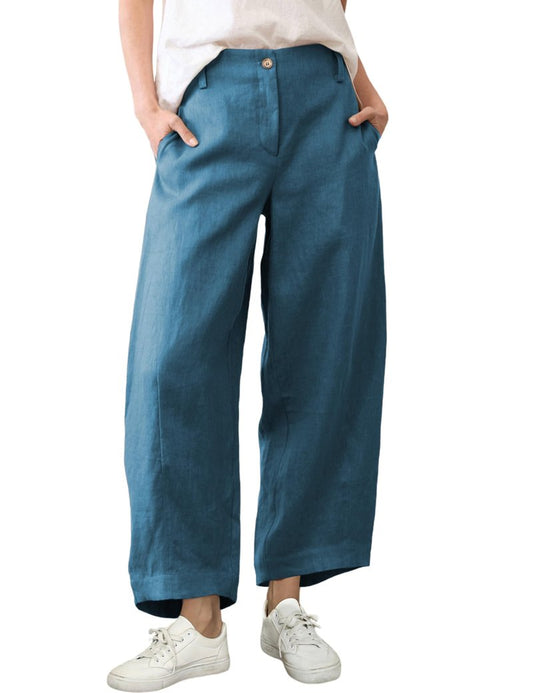 Tanming Womens Linen Pants Casual Capri Baggy Wide Leg Trousers Palazzo Pants Beach Vacation Outfits (Blue-S)