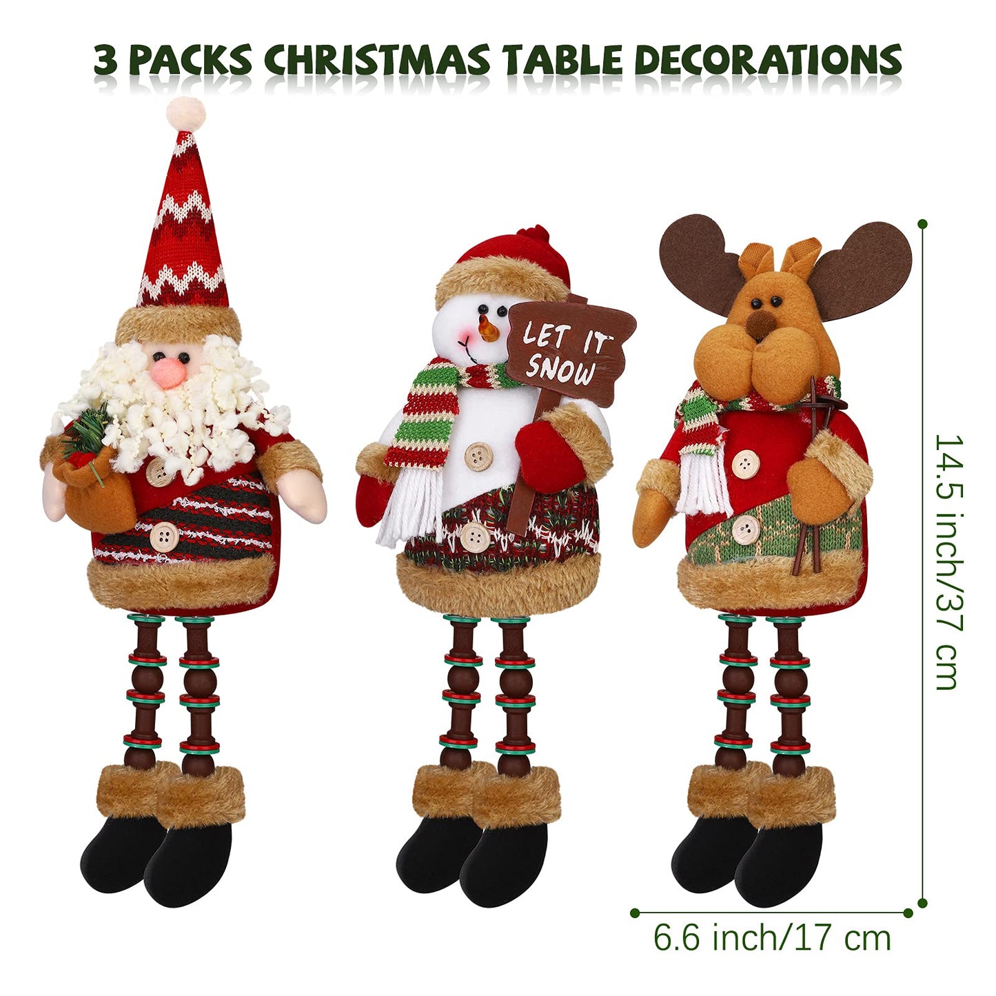 Aneco 3 Pieces Table Top Christmas Decorations Cute Christmas Sitting Santa Snowman Reindeer Doll Long Legs Christmas Ornament for Home Decoration