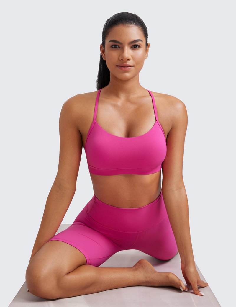 CRZ YOGA Butterluxe Y Back Sports Bras for Women - Padded Racerback Low Impact Spaghetti Thin Strap Workout Yoga Top Hibiscus Purple Medium