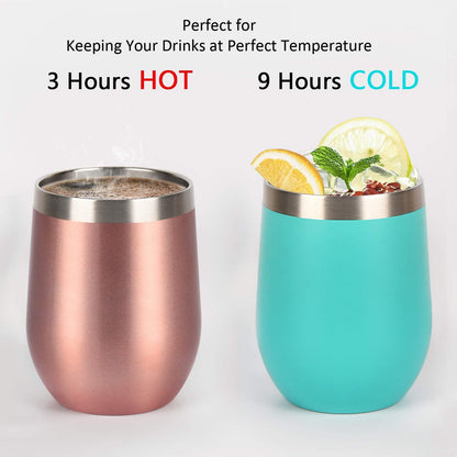 6 Pack Stainless Steel Wine Tumbler Wine Glass, 12 Oz Double Wall Vacuum Insulated Stemless Wine Tumbler with Lid Straw, Set of 6 Cups for Wine, Coffee, Cocktail, Ice Cream, Mix Color