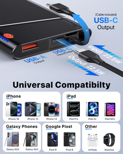 Portable Charger Power Bank, 10000mAh 22.5W PD Super Fast Charging Powerbank with Built-in USB C in&Out Cable, Slim External Phone Battery Pack for iPhone 17/16/15 iPad Samsung S24 Android etc