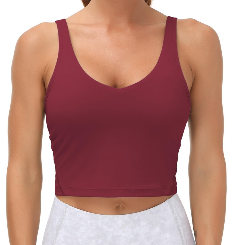 Women’s Longline Sports Bra Wirefree Padded Medium Support Yoga Bras Gym Running Workout Tank Tops Wine Red