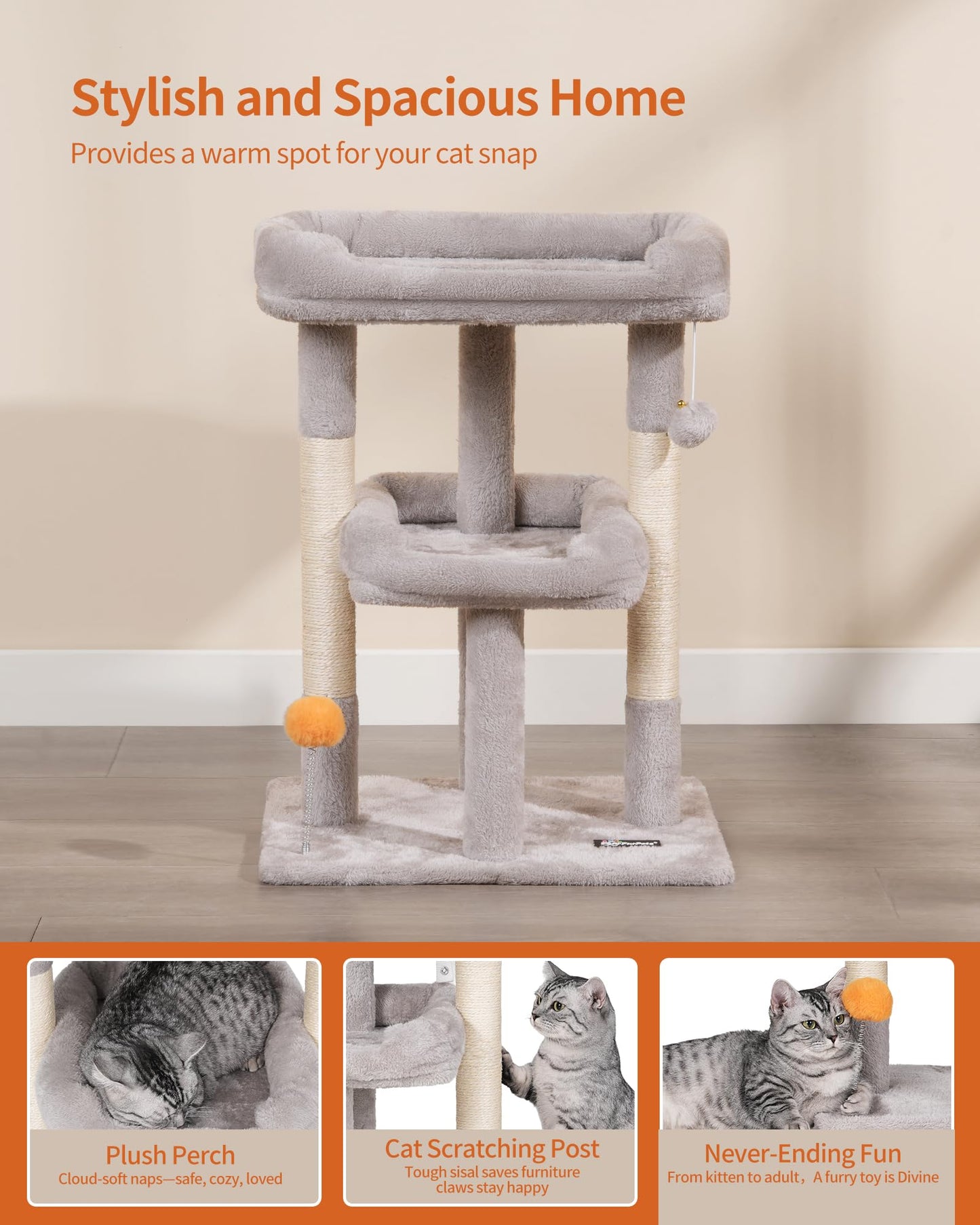 FourFurPets Small Cat Tree, Multi-Level Cat Tree for Indoor Cats, Cat Tower with Scratching Post, Cat Condo for Kittens,Toy Balls, 2 Soft Platform, Light Gray