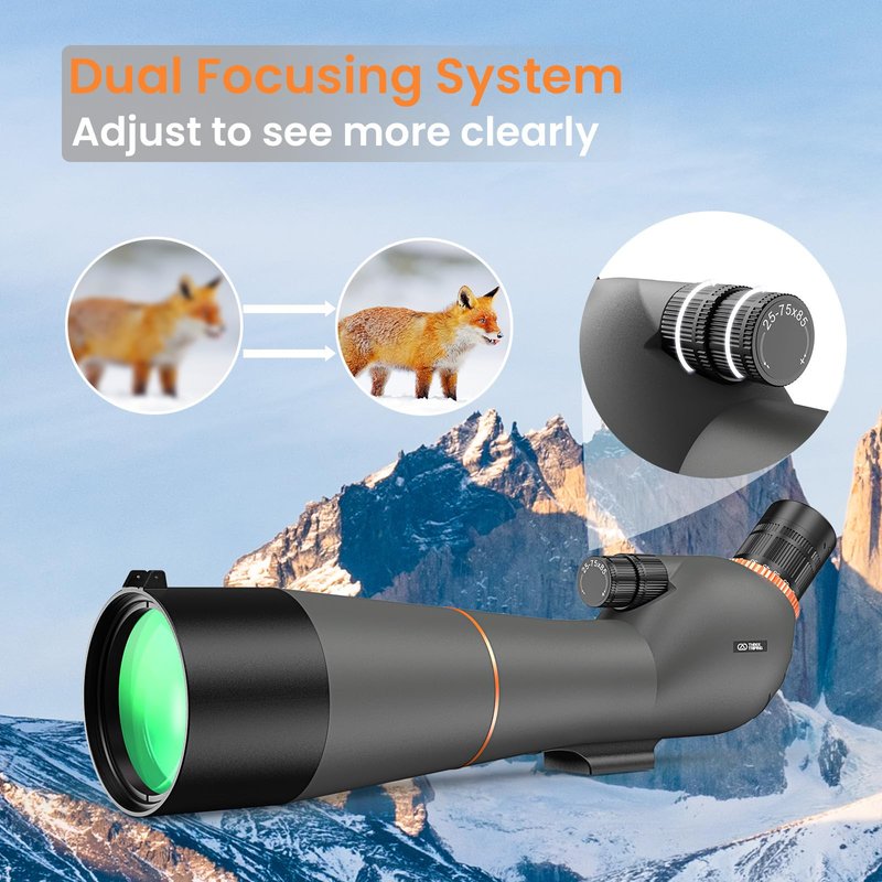 Three Triping Spotting Scope 25-75×85 - Dual Focusing Spotter Scope, with Tripod & Phone Adapter, Ideal for Bird Watching & Wildlife Observing