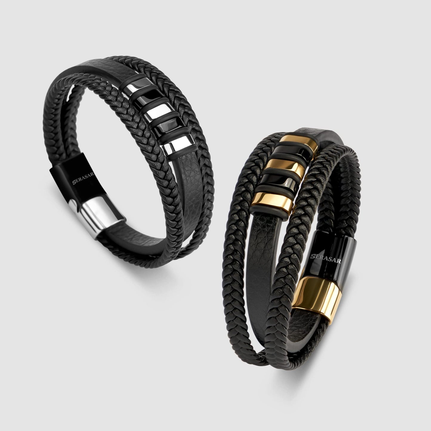 SERASAR Leather Wristbands for Mens 23cm Gold Bracelet GiftBox Genuine Cowhide Braided AdjustAble Magnetic Clasp MultiLayer Wrap Mens Bracelets Band Jewelry Magnet Accessories