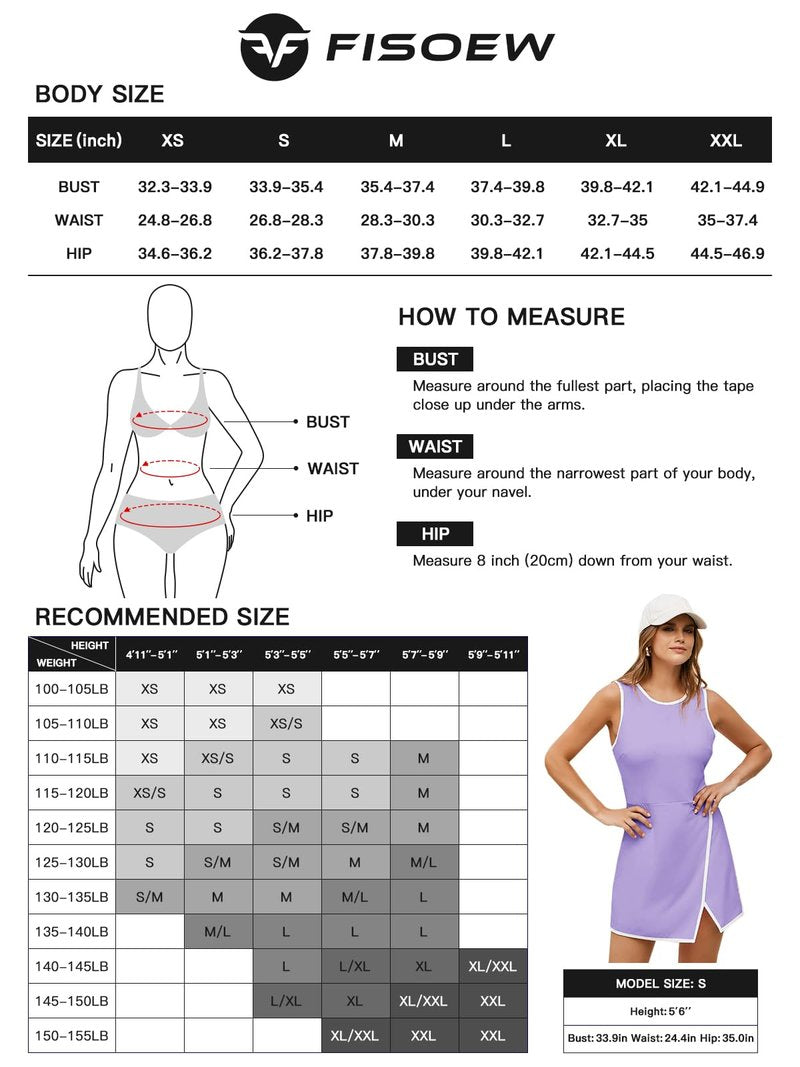 Fisoew Women's Workout Tennis Dress with Built-in Bra & Shorts Pockets Sleeveless Crewneck Golf Athletic Mini Dresses Black
