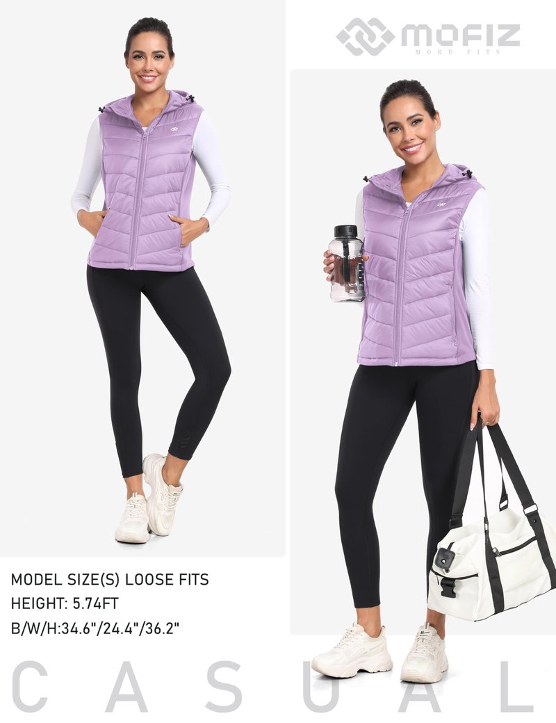 MoFiz Women's Puffer Vest Lightweight Hooded Slim Fit Running FLeece Lined Hybrid Sleeveless Warm up Winter Vest Light Purple M