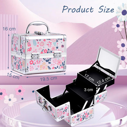 Joligrace Girls Makeup Box with Mirror Cosmetic Case Jewelry Organiser Light Weight Lockable with Keys (Beige Disty Florals)
