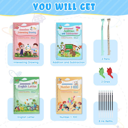 Magic Ink Copybooks for Kids Reusable Handwriting Workbooks for Preschools Grooves Template Design and Handwriting Aid Magic Practice Copybook for Kids The Print Writing (4 Books with Pens)