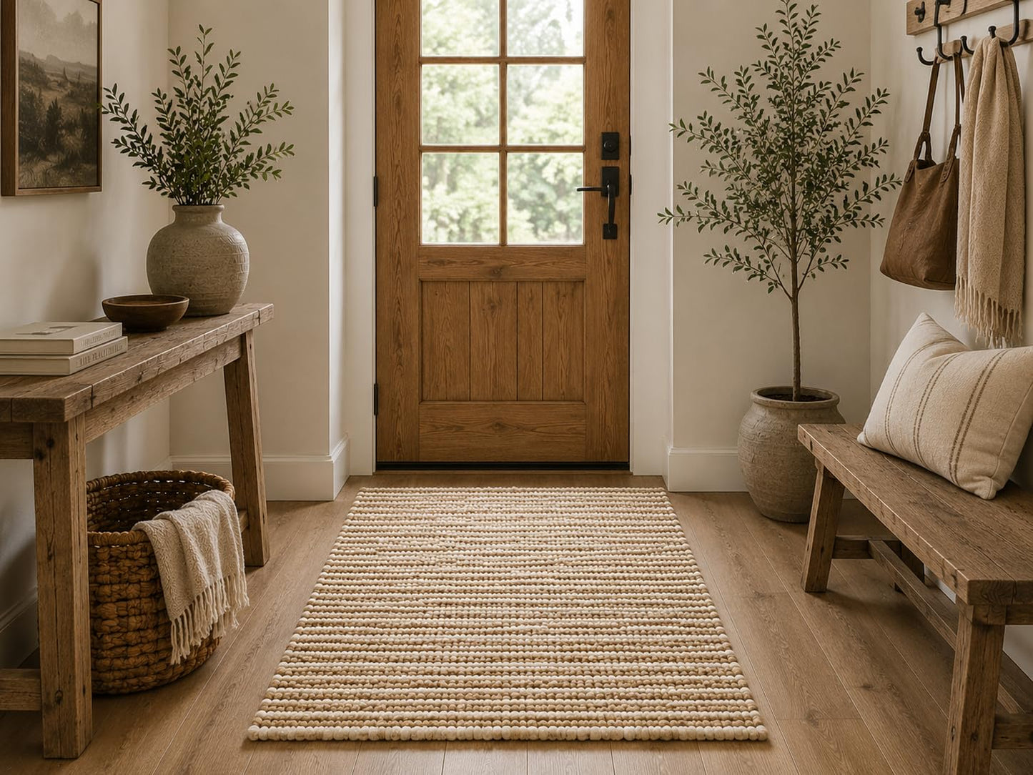 FRELISH DECOR Area Rug 4x6 feet - Premium Wool and Jute Blend Handwoven Rugs - Natural Fiber Chunky Stripe Rugs for Living Room, Bedroom, Hallways, Dining Area: Natural Ivory
