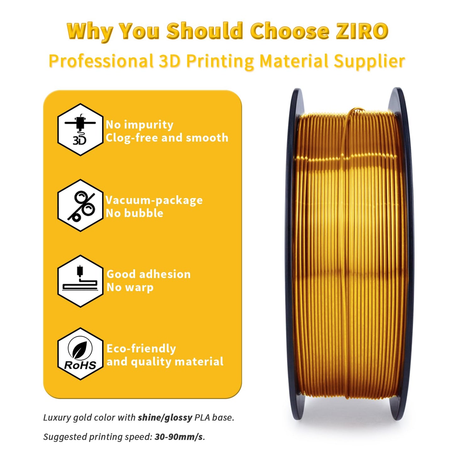 ZIRO PLA Silk Filament 1.75mm, 3D Printer Filament PLA Silky Series 1.75mm 1KG(2.2lbs), Dimensional Accuracy +/- 0.03mm, Gold