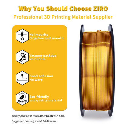 ZIRO PLA Silk Filament 1.75mm, 3D Printer Filament PLA Silky Series 1.75mm 1KG(2.2lbs), Dimensional Accuracy +/- 0.03mm, Gold