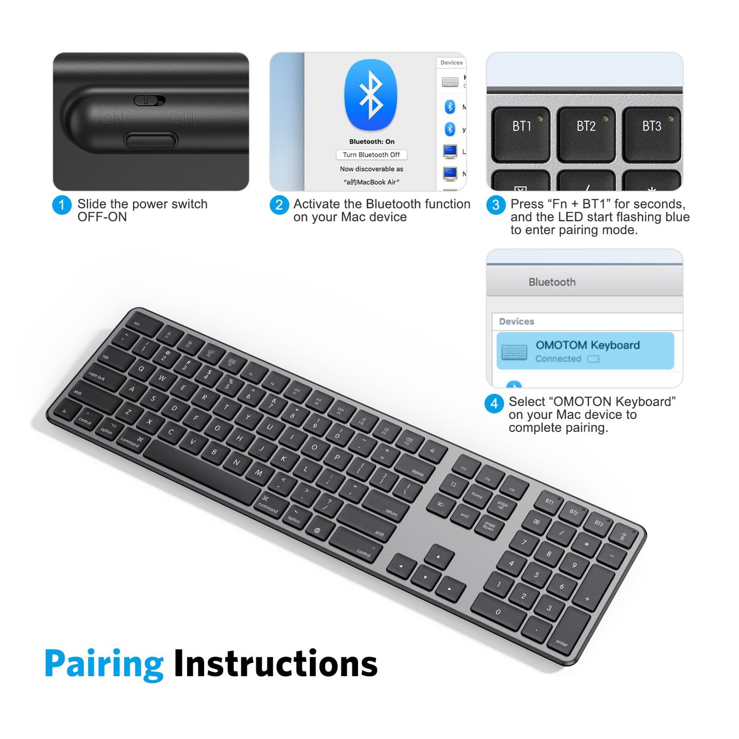 OMOTON Bluetooth Keyboard Compatible with Mac, with Numeric Keypad, Rechargeable Wireless Keyboard Compatible with MacBook Pro/Air, iMac, Mac mini/Pro Laptop and PC (Silver)
