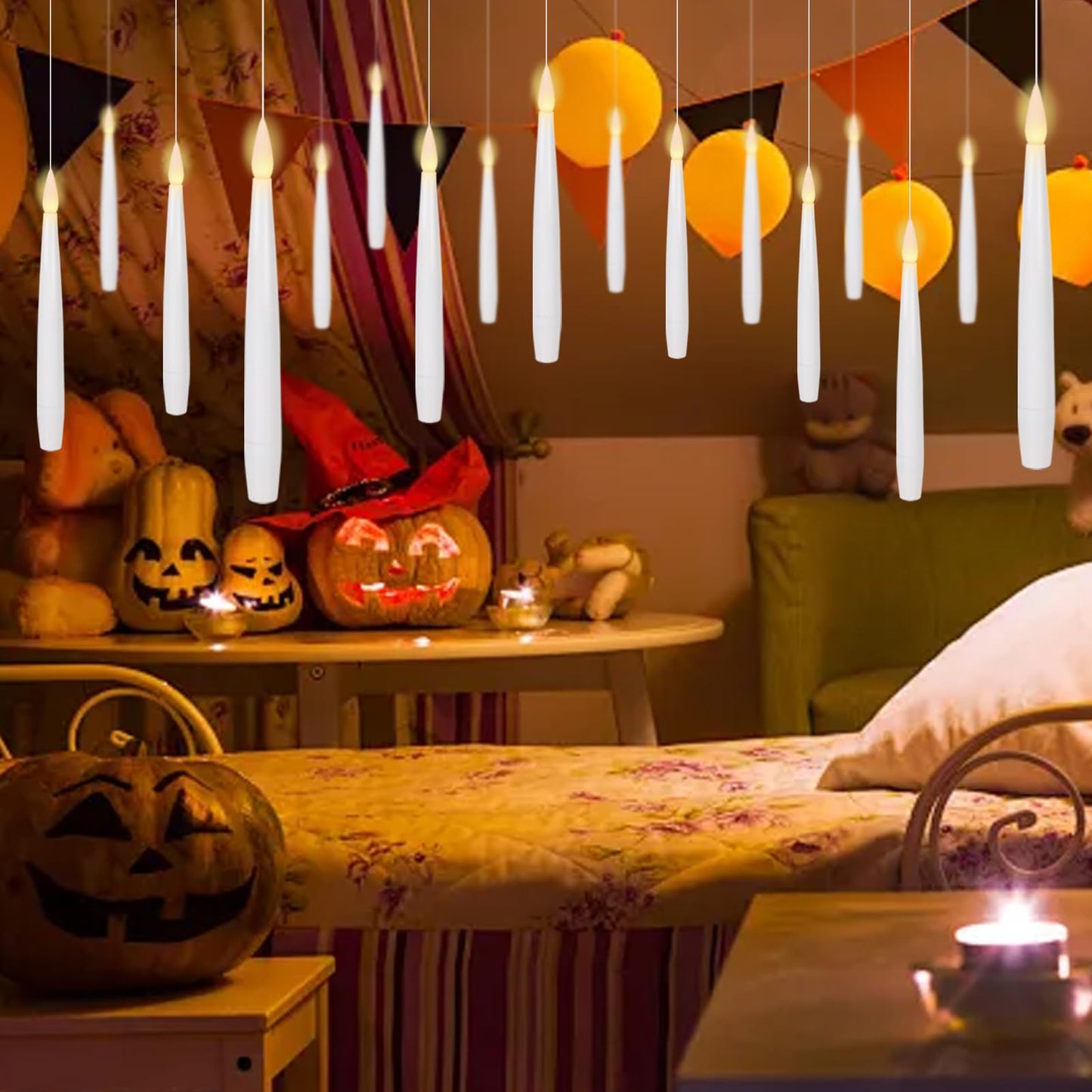 DRomance 22pcs Floating Flameless Candles with Wand Remote and Timer, Battery Operated Magic Hanging LED Flickering Window Taper Candles Warm Light Halloween Lights Decoration(0.45" x 6.1")