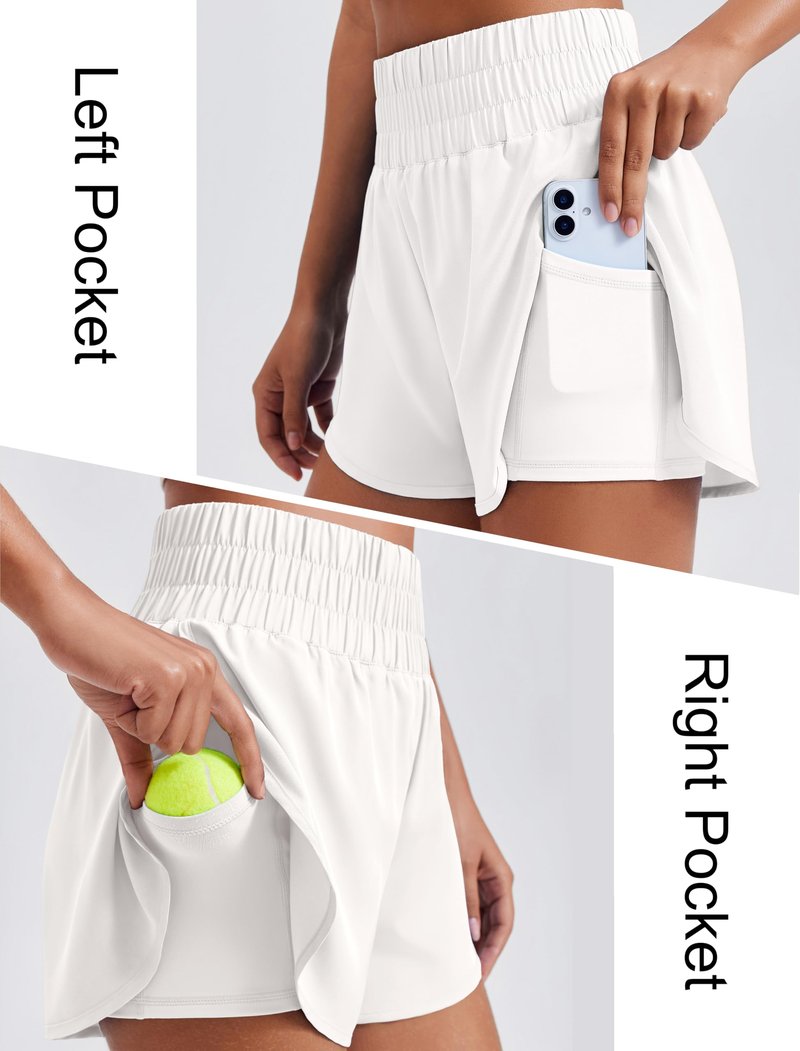 PINSPARK Women's Running Shorts High Waisted 3 Inch Athletic Active Sports Shorts Skin-Friendly Double Layer Workout Gym Yoga Shorts with Pockets, White Medium