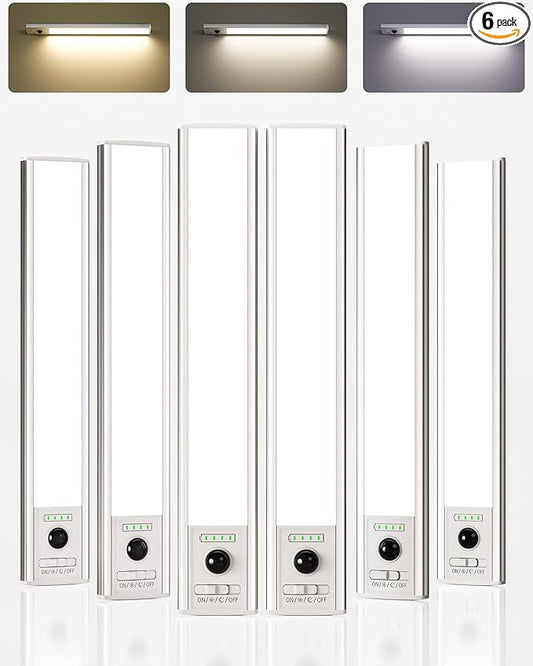 EZVALO 6 Pack Under Cabinet Lighting Wireless with Battery Indicator, 2000mAh Rechargeable Motion Sensor Light Indoor, 10inch 80 LED Under Counter Lights for Kitchen Closet, 3 Color Temps, Dimmable
