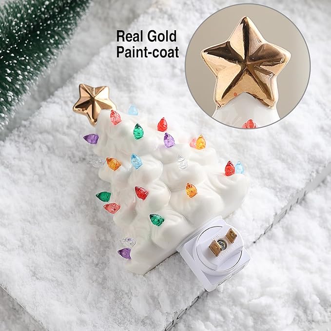B SEPOR Nostalgic 6.5" Ceramic Christmas Tree That Light Up Wall Mounted Type Plug-in Night Light Mini Decorative Lamp