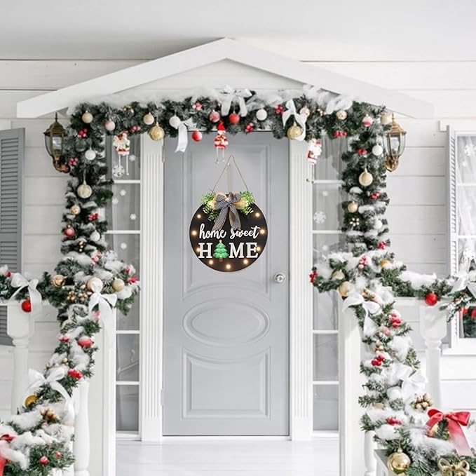 Interchangeable Welcome Sign for Front Door with 14 Changeable Icons, Farmhouse Front Porch Decor Rustic Wooden Wall Sign with 12 LED Lights, Outdoor Seasonal Welcome Home Decorations (Black1)
