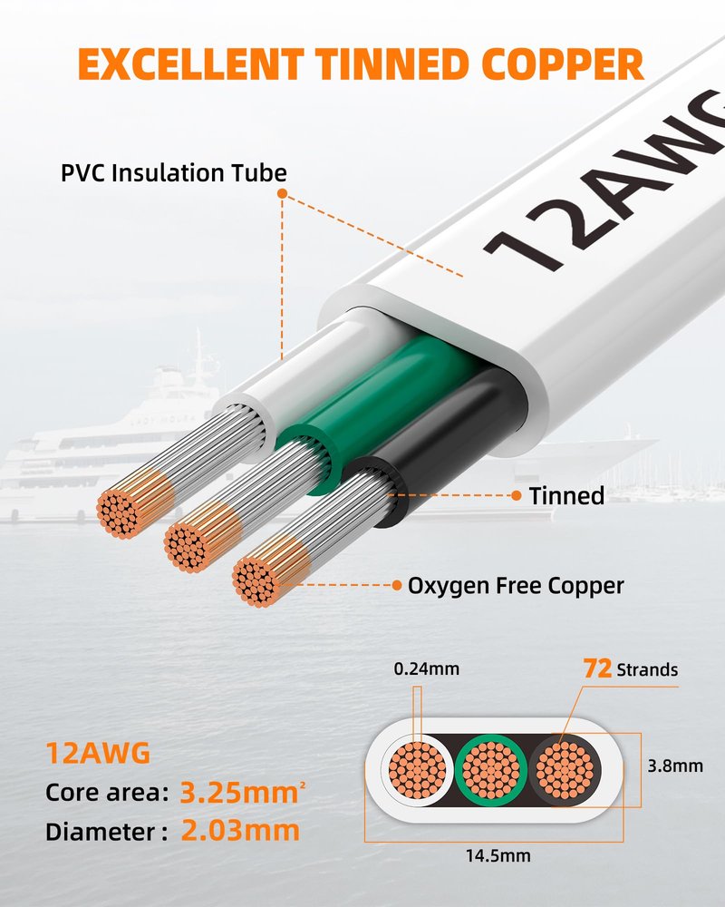 CONEPY 12 Gauge Marine Wire, 12/3 Triplex Marine Grade Cable, IP68 Waterproof/Oxygen-Free Tinned Copper Stranded PVC 12 AWG Wire for Boat, Automotive, RV, Solar, LED Strips (50FT)