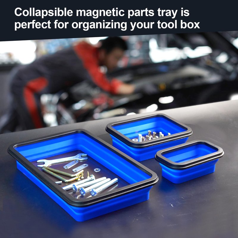 stochastic box Collapsible Magnetic Parts Tray Set Foldable Magnetic Tray 3 Different Size Silicone Tool Trays for Screw, Bolts,Nuts,with Magnetic Base Stores and Organizes Small Parts and Tools