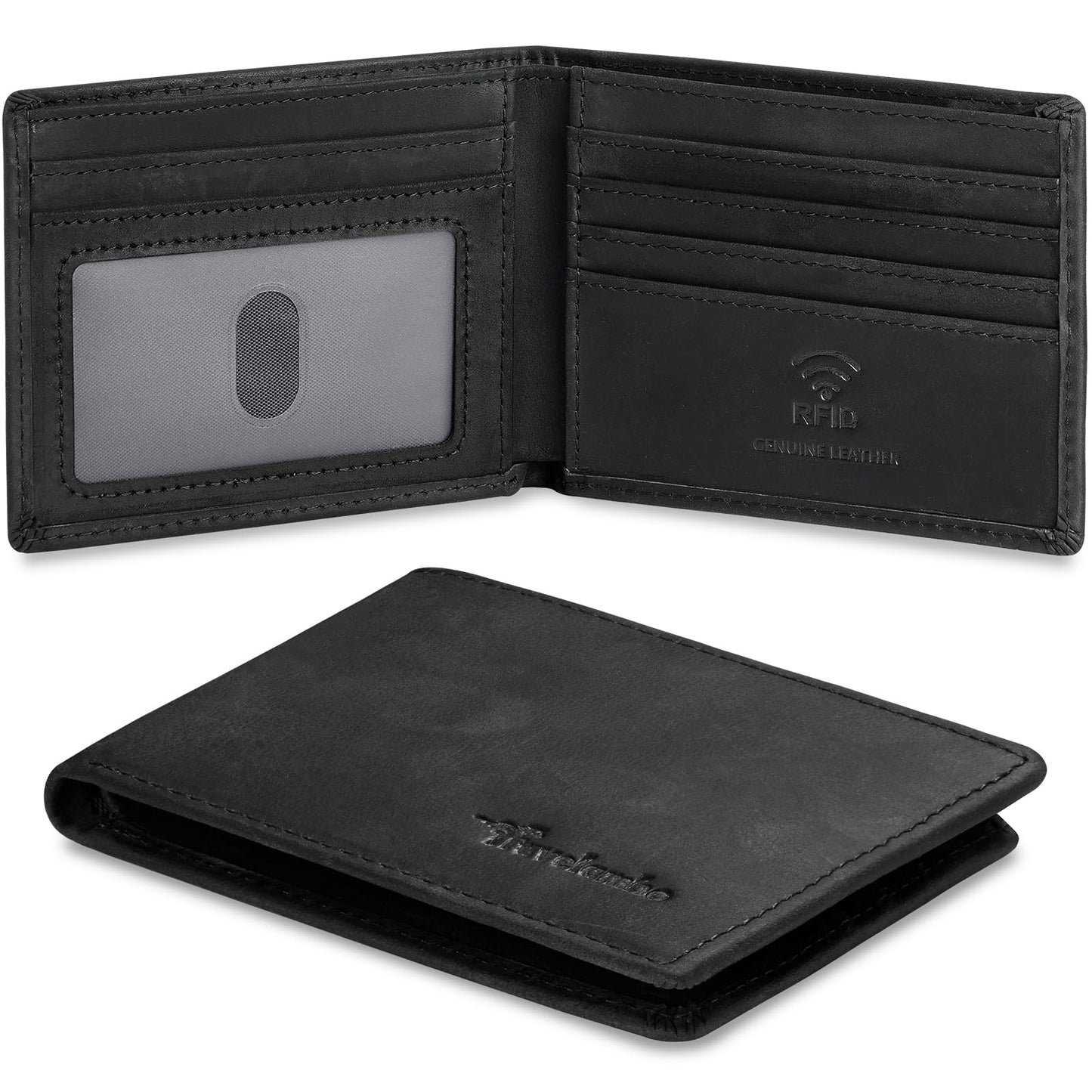 Real Leather Mens Bifold Wallet RFID Blocking Slim Minimalist Front Pocket - Thin & Stylish with ID Window in Gift Box (Crazy Horse, Black)