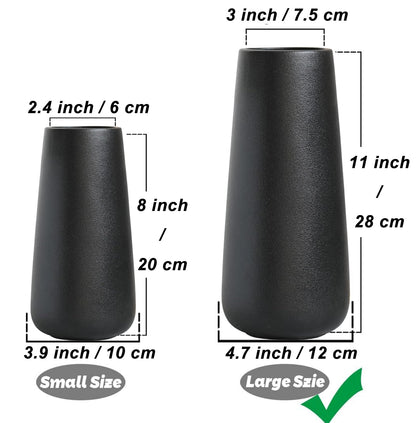 11 Inch Tall Matt Black Ceramic Vase for Flowers & Pampas Grass, Classic Rustic Style Decorative Vases for Home Decor Table Centerpieces