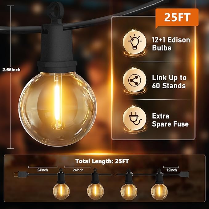 25Ft LED G40 Globe Outdoor String Lights Waterproof Patio Lights with 13 Shatterproof Warm White Bulbs, Hanging Light for Backyard Balcony Wedding Christmas Party Decorations, Black Wire