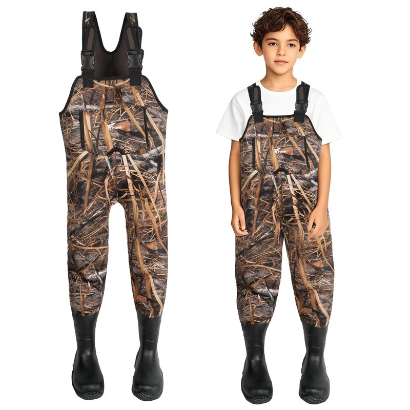 8 Fans Hunting Waders for Kids, Neoprene Youth Fishing Waders with Boot, Lightweight Chest Waders for Toddler Children (Next Camo Evo(s), 12/13#)