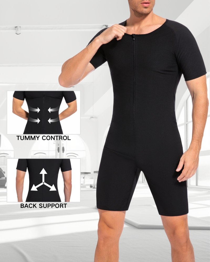 FUXERT Sauna Suit for Men 3 in 1 Slimming Full Body Sauna Jumpsuit Mens Waist Trainer for Workout(BK L)