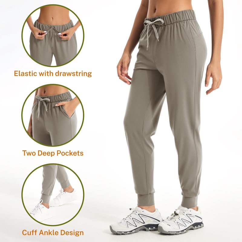 Trryln Women's Joggers Pants with Pockets Drawstring Running Sweatpants Workout Casual Tapered Pants Taupe