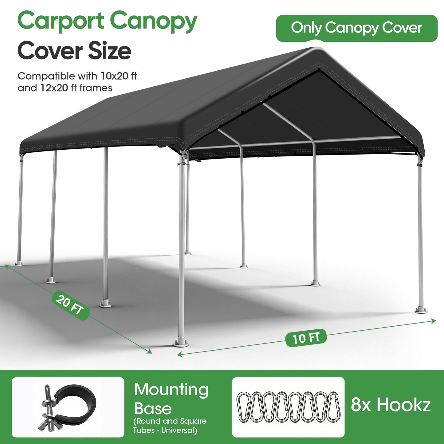 SIHAIAN 10 x 20 Ft Carport Replacement Canopy Cover(No Frame), Easy to Set up Carport Canopy, 500D Heavy-Duty Garage Top Tent Shelter Tarp Waterproof and UV Protected (Only Canopy Cover) Black