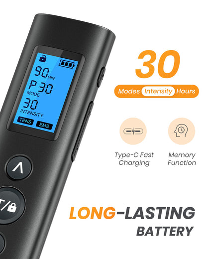 AVCOO 30 Modes TENS EMS Unit Compact Muscle Stimulator for Pain Relief of Back, Shoulder, Neck, Rechargeable & Portable Dual Channel EMS Muscle Stimulator with 30 Intensity Levels, 12 Electrode Pads