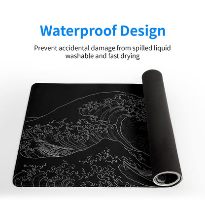 Brecoy Japanese Sea Wave Large Mouse Pad, Anime Black Gaming, Extended Kanagawa Mat Desk Pad, 3mm Thick Long Non-Slip Rubber Base Mice Pad, 31.5 X 11.8 Inch