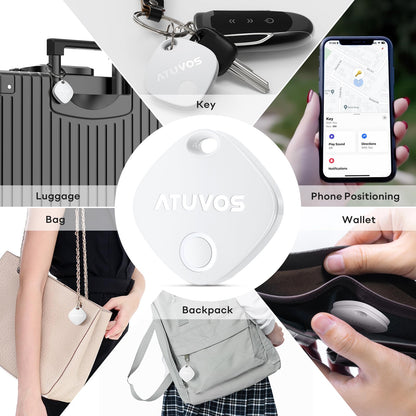 ATUVOS Smart Bluetooth Item Finder 2 Pack, Compatible with Apple Find My (iOS Only), Key Finder, Tracker Locator for Luggage Suitcase, Wallets, Bag, Replaceable Battery, IP67 Waterproof