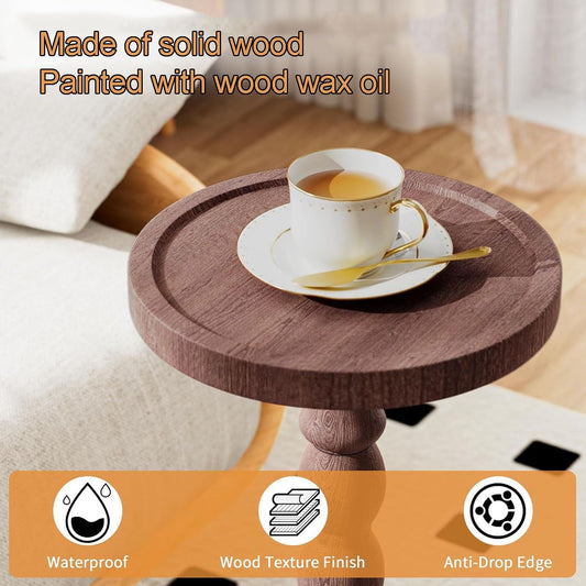 ZNKJYSZQ Solid Wood Small Side Table, 24cm Round Mini End Table for Small Spaces, Mid Century Vintage Night Stands with Pedestal Base, Plant Stand Nightstand Accent Table(Brown)