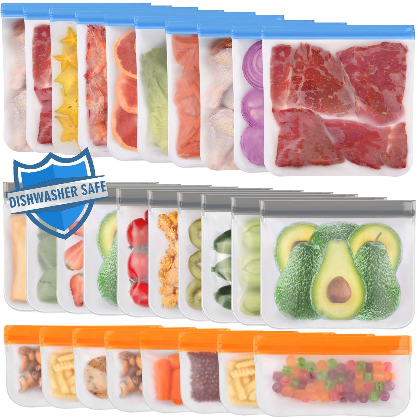 Lerine 10 Pack Dishwasher Safe Reusable Bags, Leakproof Reusable Freezer Bags, BPA Free Food Storage Bags for Marinate Food Travel - 3 Gallon 4 Sandwich 3 Snack