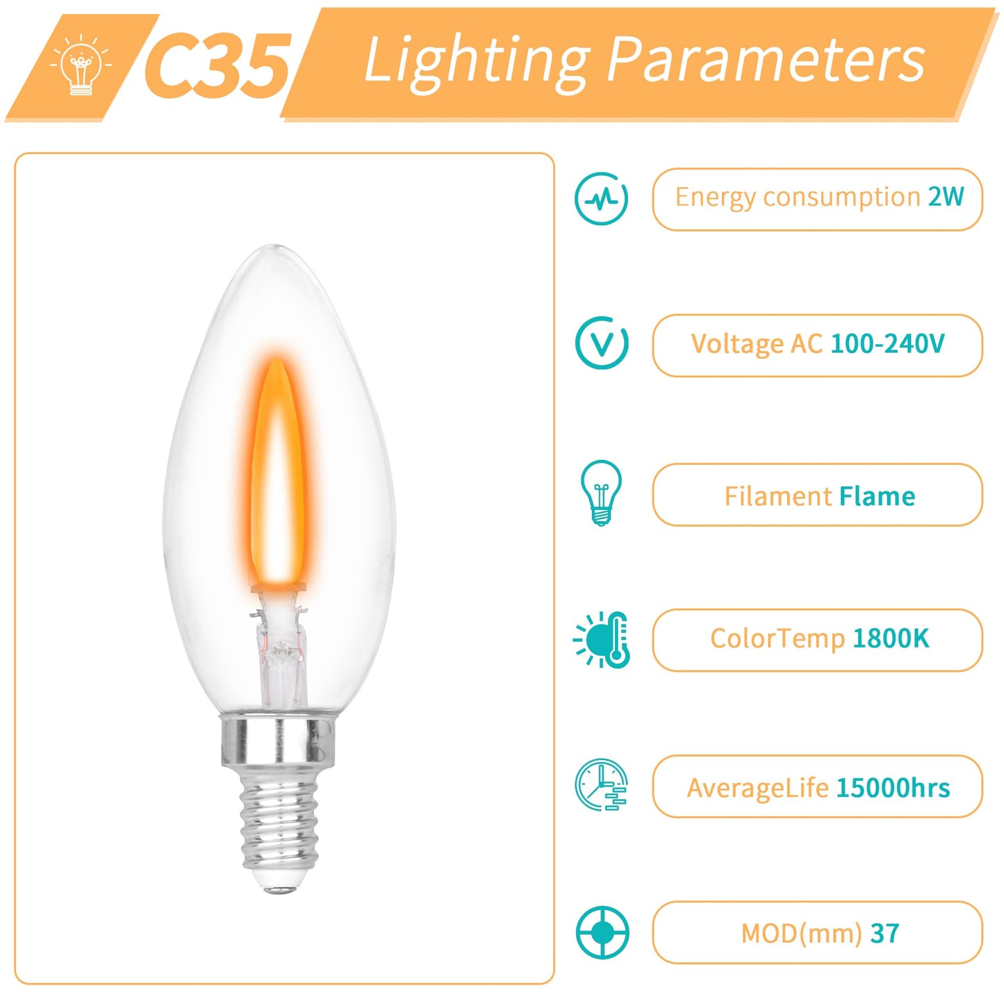 HEWA-Tech E12 Base C35 Flame Tip Flicker Bulbs - Crystal Clear Candle Light with Orange Glow Effect for Halloween/Christmas, E12 Non-Dimmable Chandelier Replacement Bulbs, 6-Pack (C35E12 Clear)