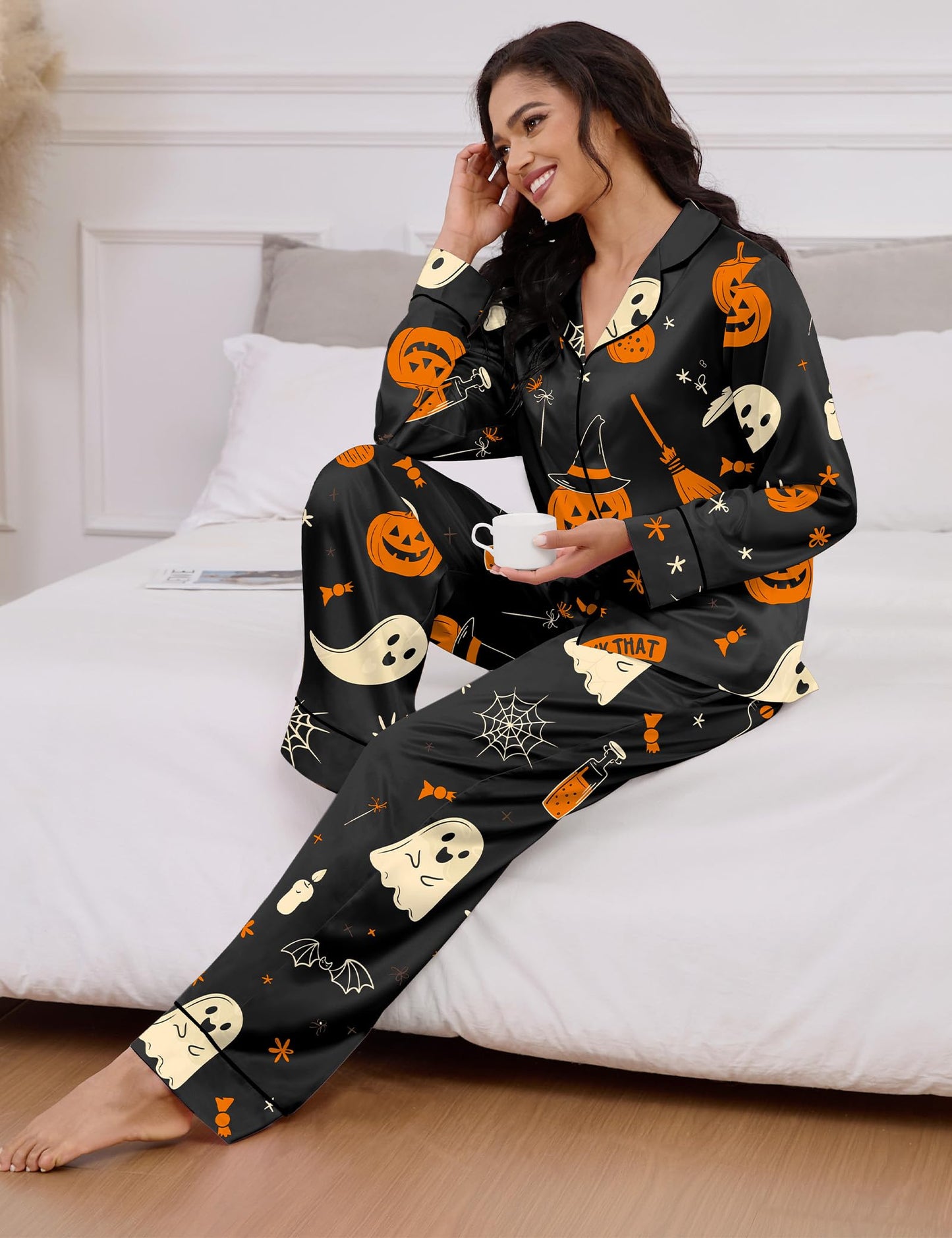 SHESHOW Funny Halloween Pajamas Women Satin Pajama Long Sleeve 2 Piece Sets Cute Halloween Pjs Women Black XL