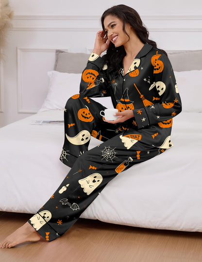 SHESHOW Funny Halloween Pajamas Women Satin Pajama Long Sleeve 2 Piece Sets Cute Halloween Pjs Women Black XL