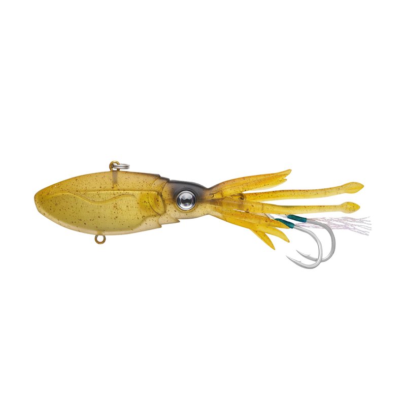 Nomad Design Squidtrex Patented Vibrating Fishing Lure- Scent Added TPE Soft Plastic Lure for Saltwater w/Strong BKK Assist Hooks, Fishing Bait that catches many species,110mm,1 3/4oz Green Gold Gizzy