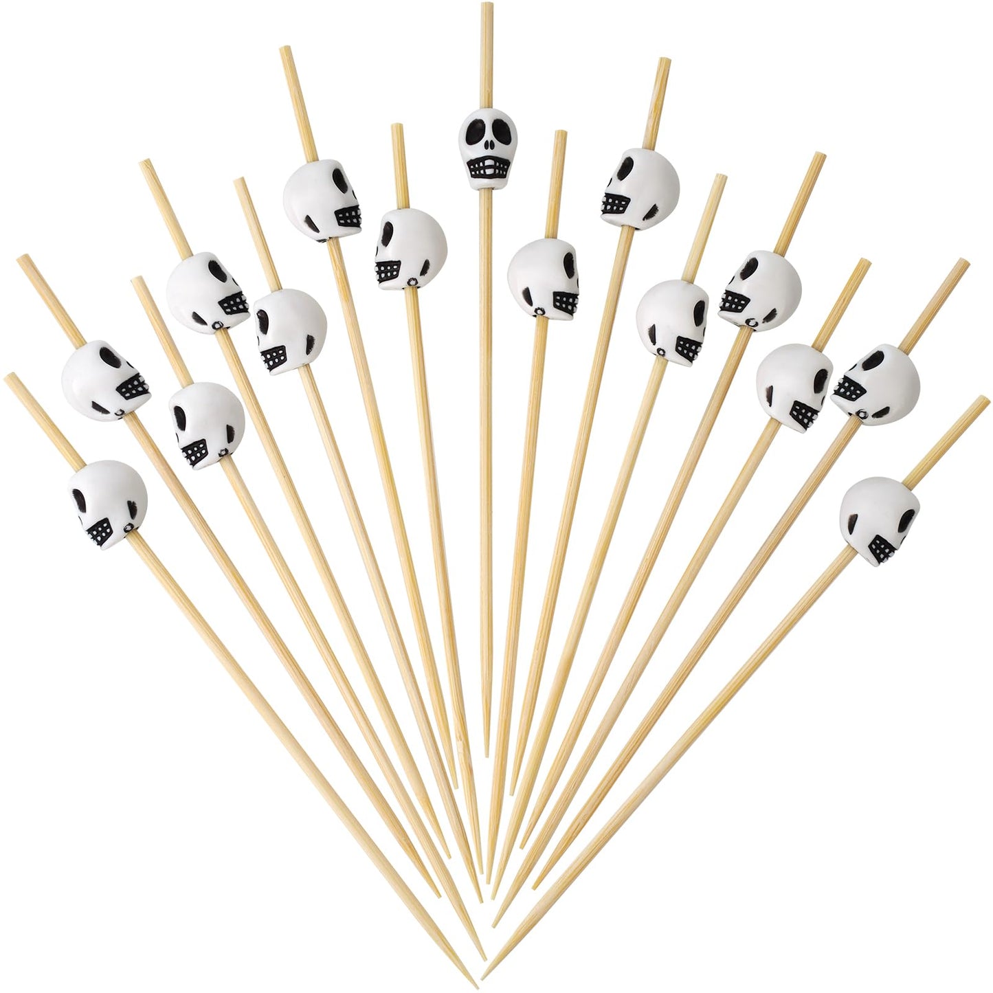 Minisland Halloween White Skull Cocktail Picks, 4.7 Inch Long Bamboo Fancy Toothpicks for Appetizers, Decorative Fall Holiday Party Food Drinks Garnish Fruit Kabob Skewer Sticks 100 Counts - MSL127W