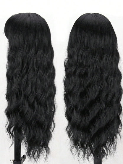 YEESHEDO Long Black Wigs for Women Natural Curly Wavy Synthetic Hair Wig with Fringe for Girls Cosplay Party or Everyday Wear