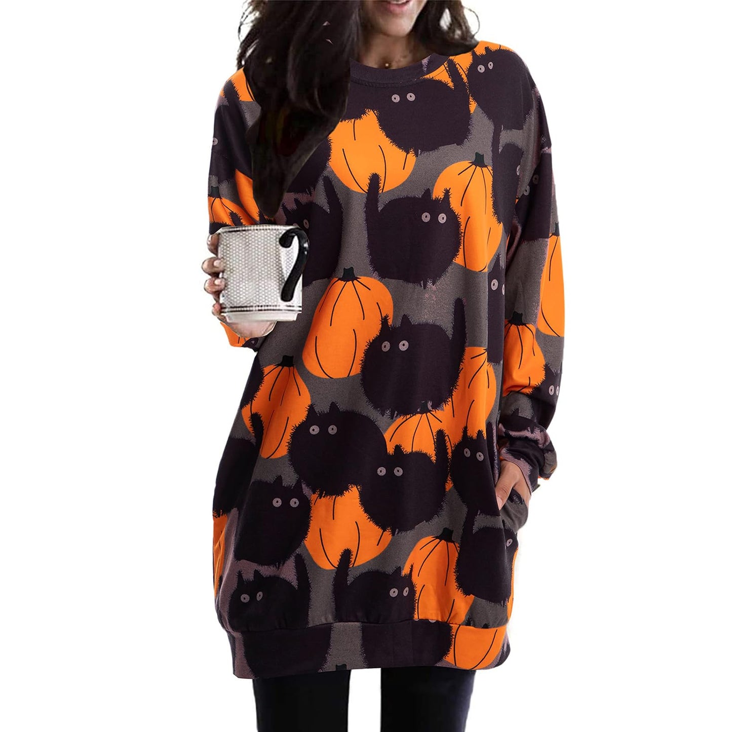 BOUTIKOME Womens Halloween Pumpkin Sweatshirt Black Cat Long Sleeve Crewneck Pullover Shirts with Pocket Tunic Tops (Dark Grey, XX-Large)