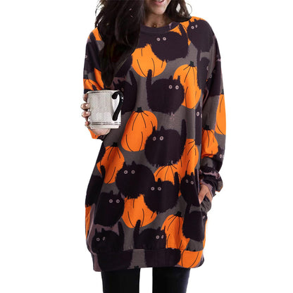 BOUTIKOME Womens Halloween Pumpkin Sweatshirt Black Cat Long Sleeve Crewneck Pullover Shirts with Pocket Tunic Tops (Dark Grey, XX-Large)
