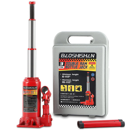 BAOSHISHAN 3 Ton Double Ram Bottle Jack 6-1/2" to 16-1/2" Lifting Range Portable Hydraulic Bottle Jack with Carrying Case