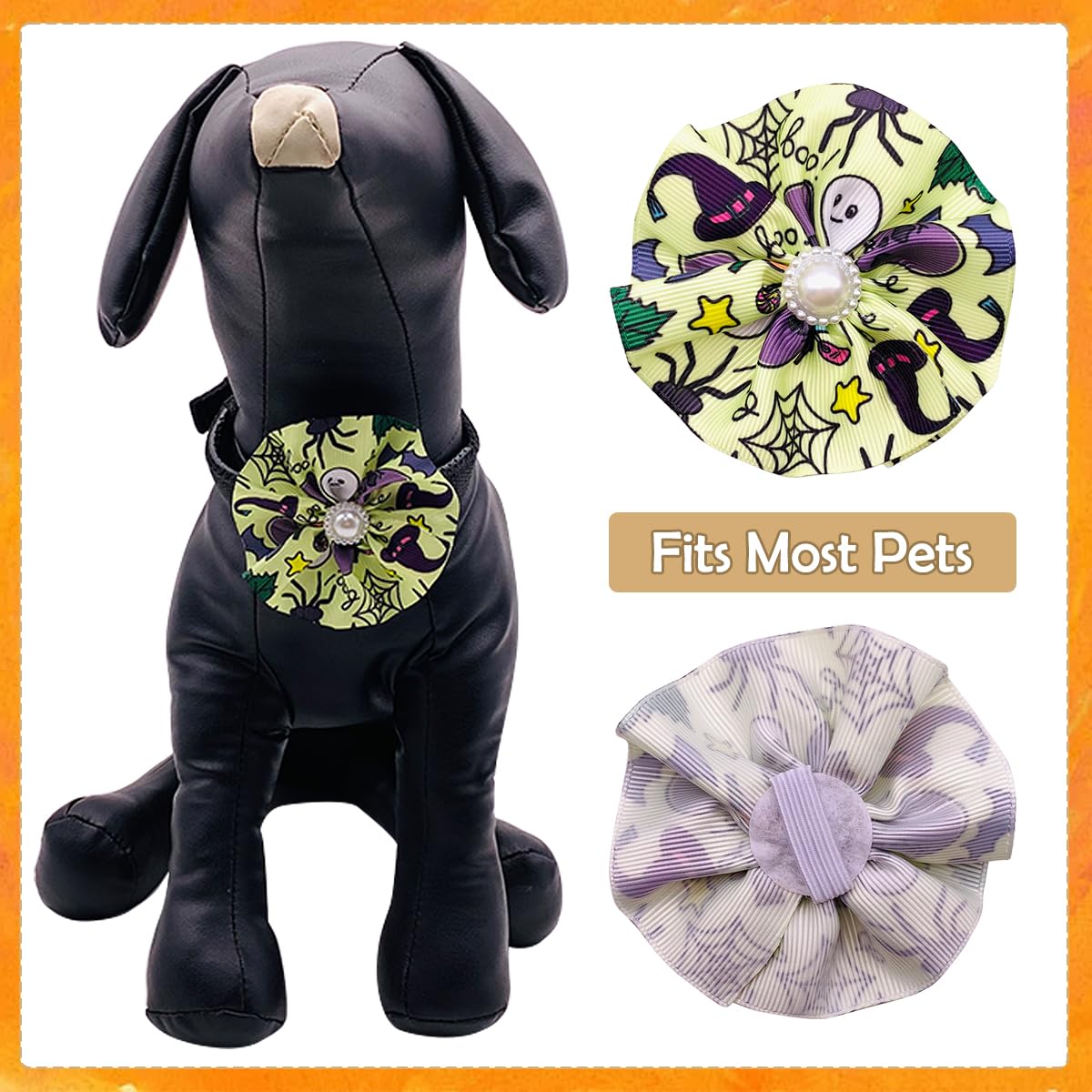 JpGdn 12pcs Halloween Dog Collar Flowers Bows Attachment Sliding for Medium Large XL Puppy Cats Rabbit Party Holiday Grooming Cosume Accessories