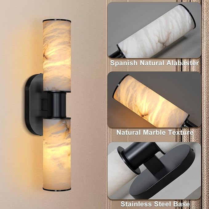 22.2" Alabaster Wall Sconce, Brass Bathroom Wall Sconce, Spanish Natural Marble Sconces Modern Wall Lights Lamps for Bedroom Living Room Stairs Indoor Hallway Vanity, Black