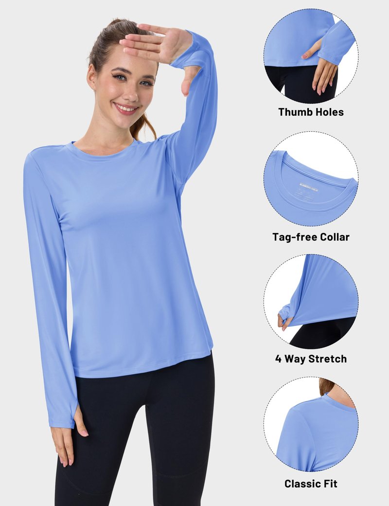 MAGCOMSEN Rash Guard Long Sleeve Shirt for Women Quick Dry UPF 80 Workout Running Swim Athletic Summer Light Blue Tops L